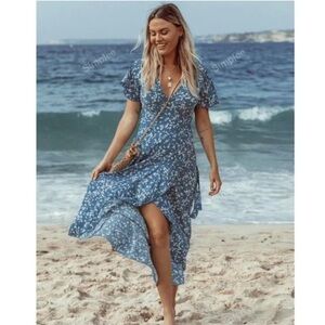 Simple Blue Floral Wrap Dress S